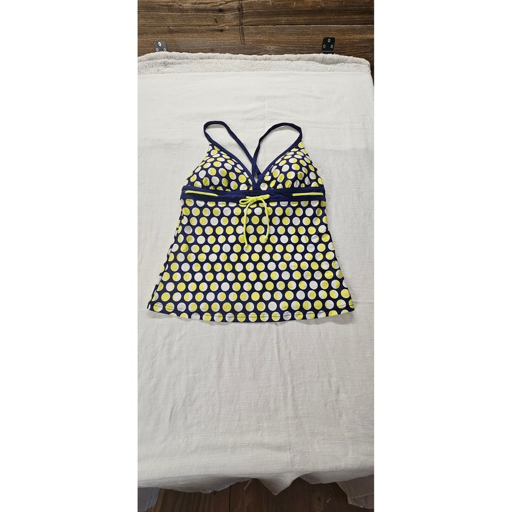 Jag Swim Tankini Top Womens Large Navy Blue Lime Green Polka Dot Cross Back L